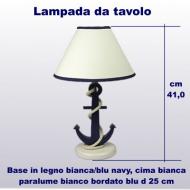 Lampada da tavolo base in legno forma ancora blu navy H 41 cm paralume D 25 cm