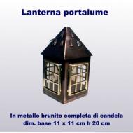  Lanterna in metallo brunito completa di candela estraibile da sotto dim base 11x11 cm h 20 cm