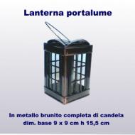 Lanterna in metallo brunito completa di candela estraibile da sotto dim base 9x9 cm h 15,5 cm